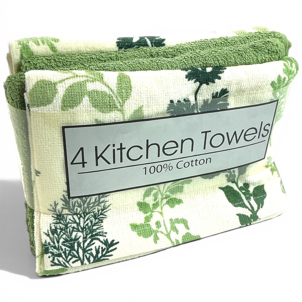 Ritz Green Botanical Herb Print Kitchen Towels Set of 4 Cotton Fresh Seasoning